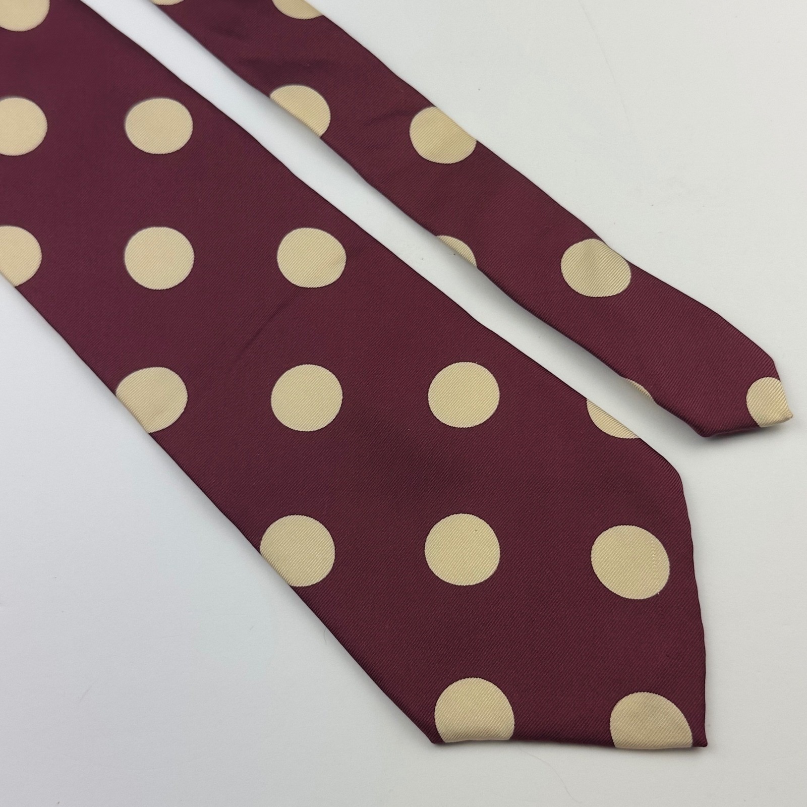 Halston Iii Mens Burgundy Cream Polka Dot 100% Italian Silk Tie Made In Usa